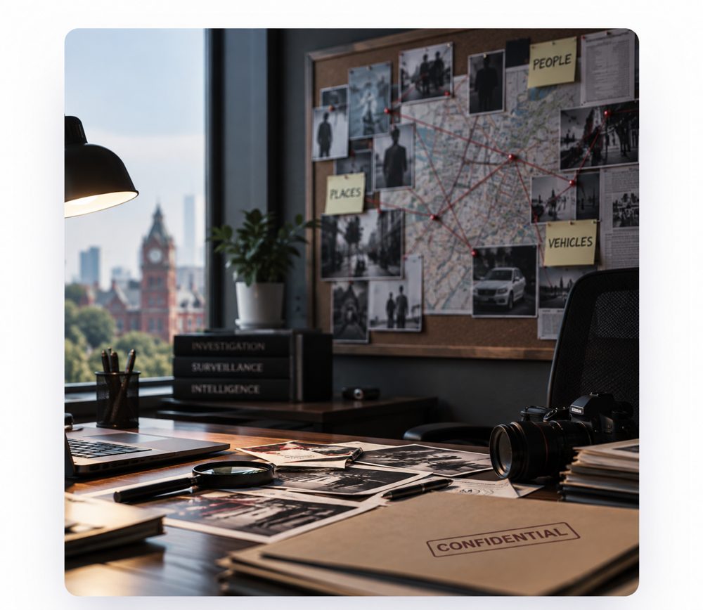 A case board mapping people, places and vehicles, alongside a camera and a confidential case file