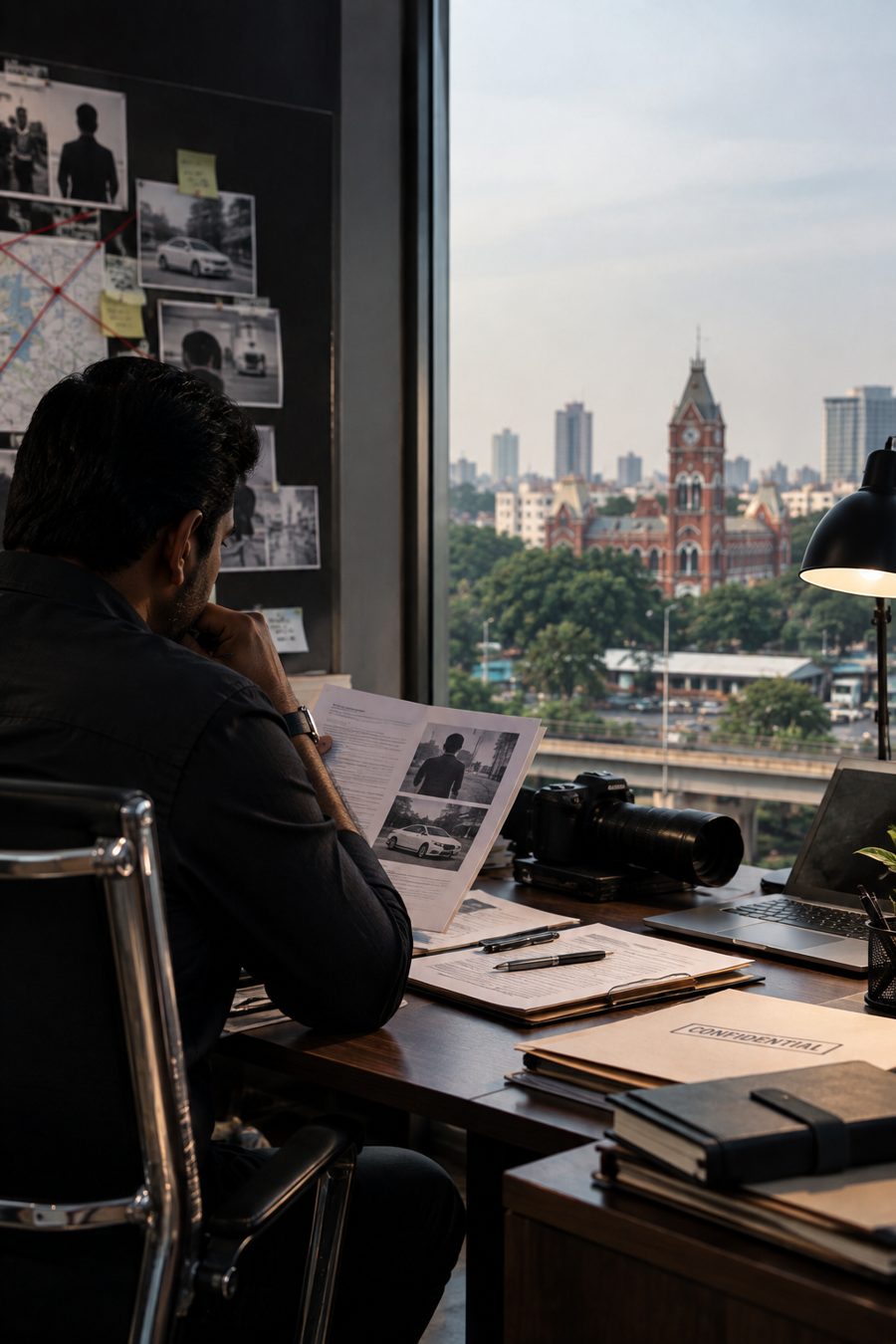 The director reviewing case photographs at his desk, overlooking Chennai